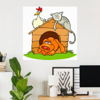 Funny Cartoon Dog Cat and Chicken on Doghouse 