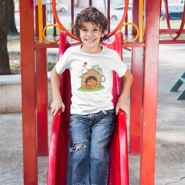 Funny Cartoon Dog Cat and Chicken on Doghouse  T-Shirt (Creator Uploaded)