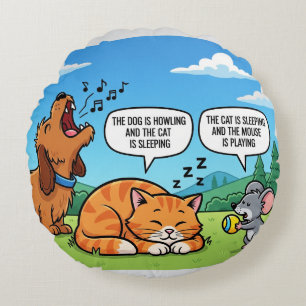 Funny Cartoon Dog, Cat, and Mouse Round Pillow