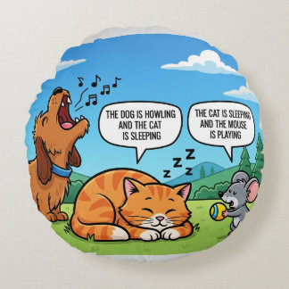 Funny Cartoon Dog, Cat, and Mouse Round Pillow