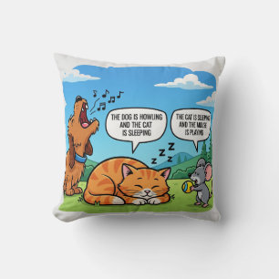 Funny Cartoon Dog, Cat, and Mouse Throw Pillow