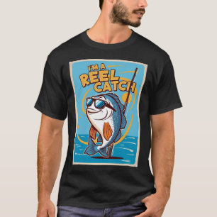 Funny cartoon fish with sunglasses and fishing rod T-Shirt