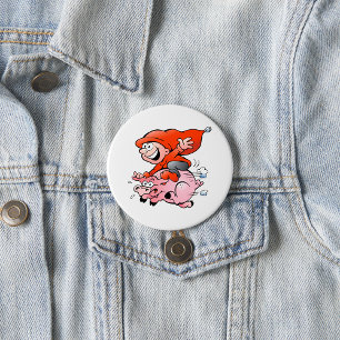 Funny Cartoon Gnome Riding Flying Pig 3 Inch Round Button