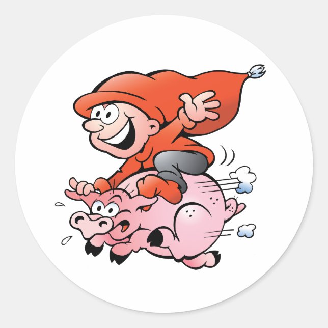 Funny Cartoon Gnome Riding Flying Pig Classic Round Sticker (Front)