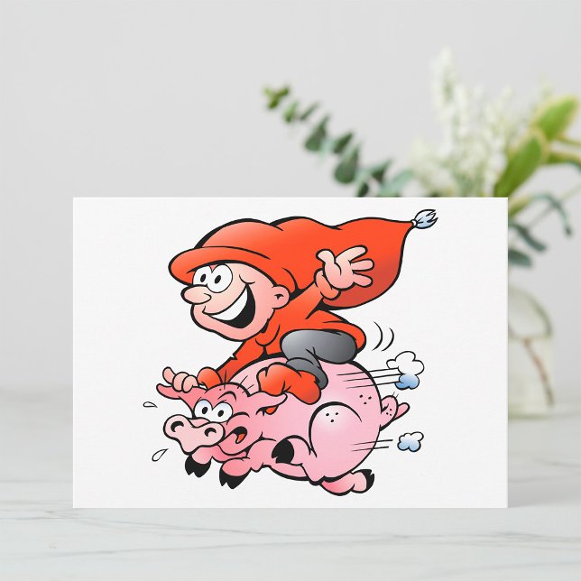 Funny Cartoon Gnome Riding Flying Pig Invitation (Creator Uploaded)