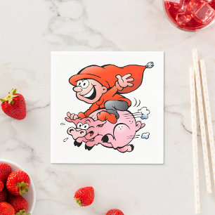 Funny Cartoon Gnome Riding Flying Pig Napkin