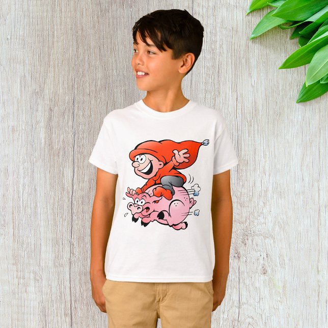 Funny Cartoon Gnome Riding Flying Pig T-Shirt (Creator Uploaded)