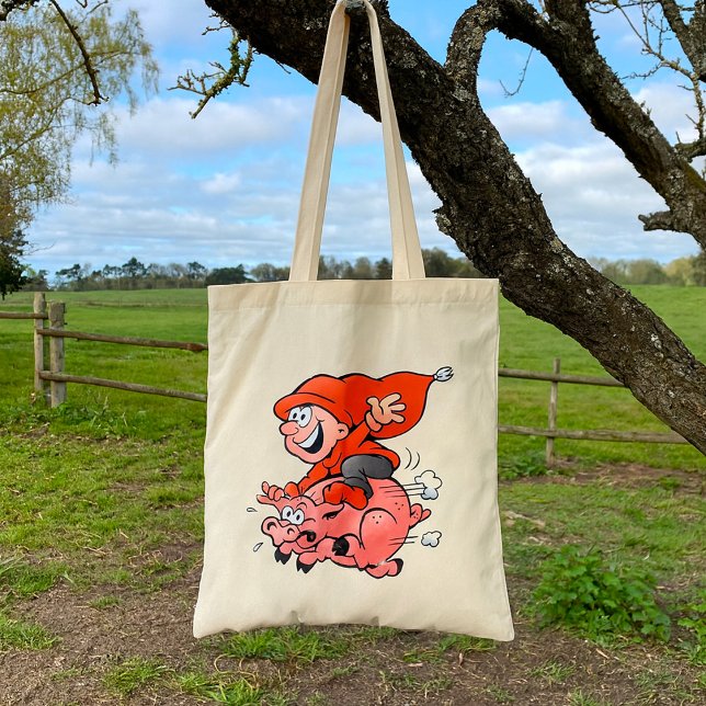 Funny Cartoon Gnome Riding Flying Pig Tote Bag (Creator Uploaded)