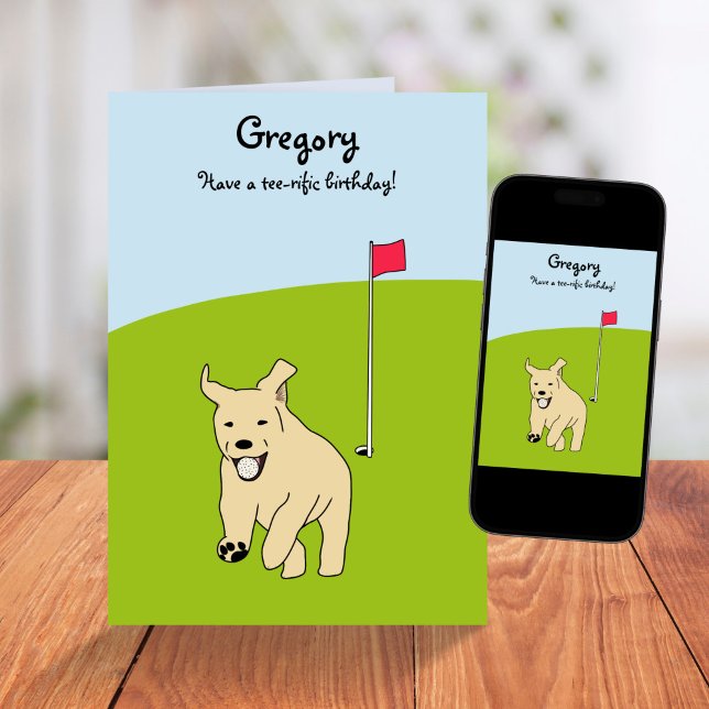 Funny Cartoon Golden Retriever Golf Joke Birthday Card (Creator Uploaded)