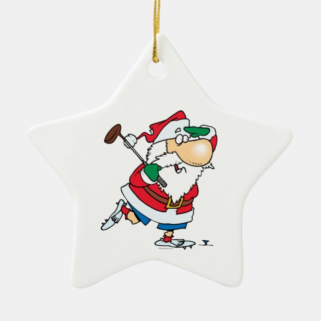 funny cartoon golfing golfer santa claus ceramic ornament (Front)