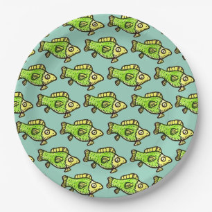 Funny Cartoon Green Fish Drawing Paper Plate