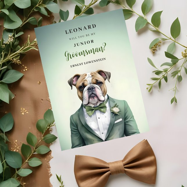 Funny Cartoon Humanoide Bulldog JR Groomsman (Green Shades Junior Groomsman Proposals Cards Featuring Funny Cartoon Humanoide Bulldog.)