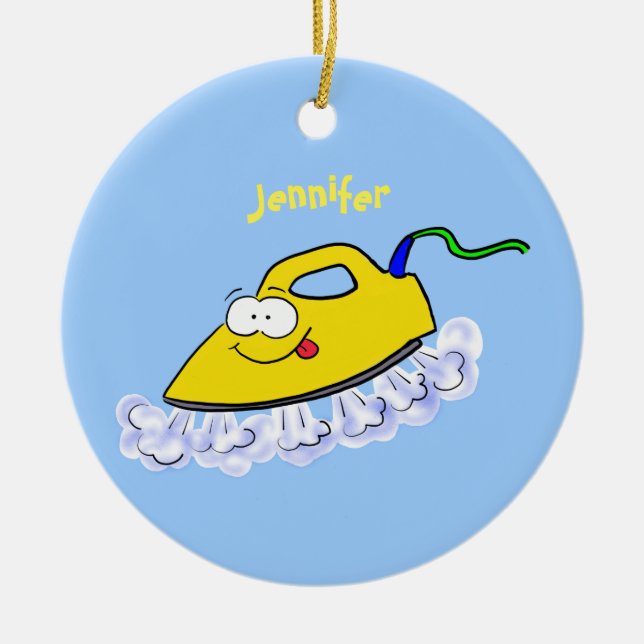 Funny cartoon iron laundry illustration ceramic ornament (Front)