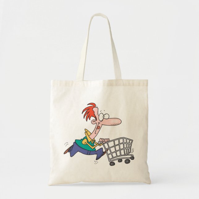 Funny Cartoon Man Running With Shopping Cart Tote Bag (Front)