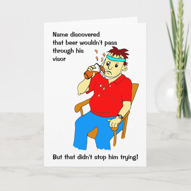 Funny Cartoon Man Visor Beer Birthday Card (Front)