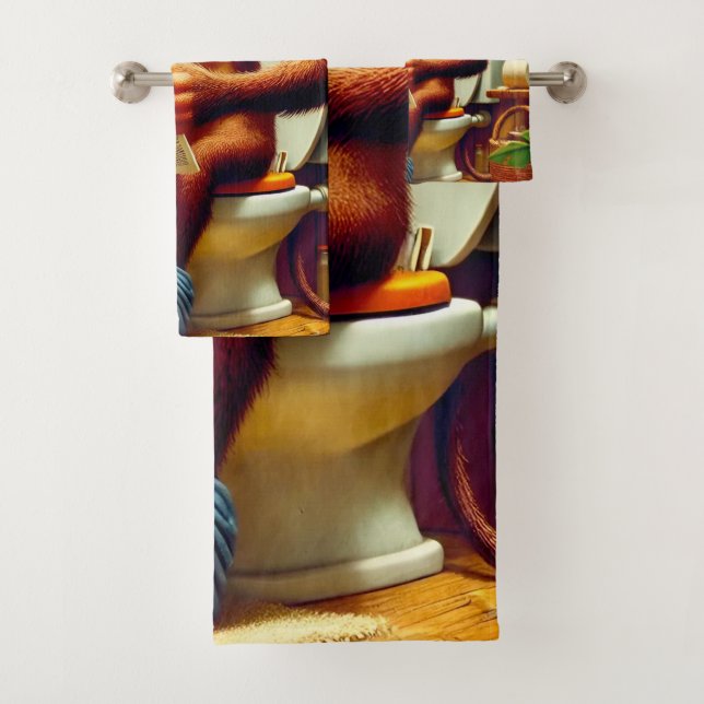 Funny Cartoon Monkey on Toilet  Bath Towel Set (Insitu)