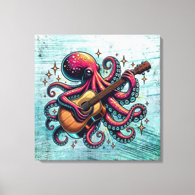 Funny Cartoon Octopus Playing Guitar Canvas Print (Front)