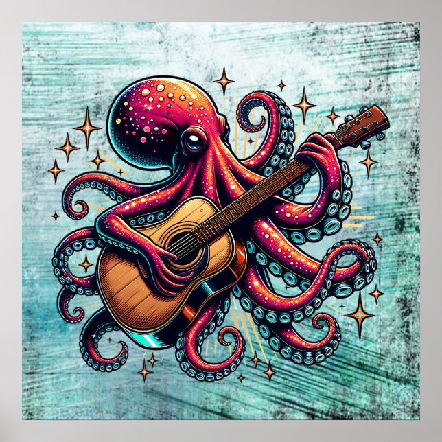 Funny Cartoon Octopus Playing Guitar Poster (Front)