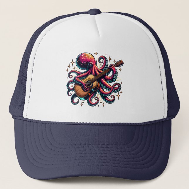 Funny Cartoon Octopus Playing Guitar Trucker Hat (Front)