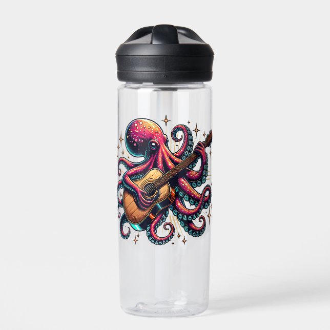 Funny Cartoon Octopus Playing Guitar Water Bottle (Front)
