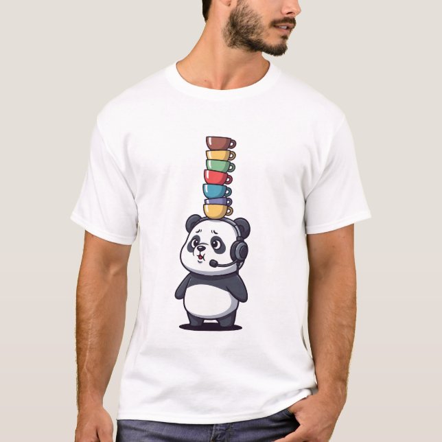 Funny Cartoon Panda Wearing Headset Balancing T-Shirt (Front)