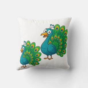 Funny Cartoon Peacock with Colorful Tail Throw Pillow