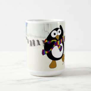 Funny cartoon penguin dancing. coffee mug