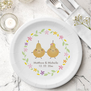 Funny Cartoon Perfect Pear Floral Wreath Wedding Paper Plate