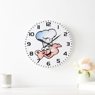 Funny Cartoon Pig Chef with Hat  Large Clock