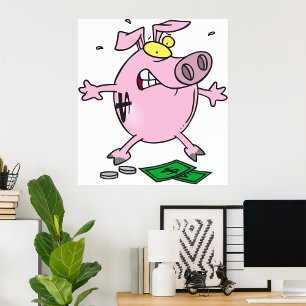 Funny Cartoon Piggy Bank Losing Money Poster