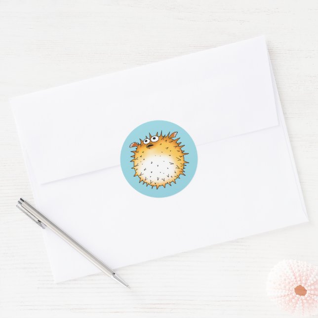 Funny Cartoon Puffer Fish Design Classic Round Sticker (Envelope)