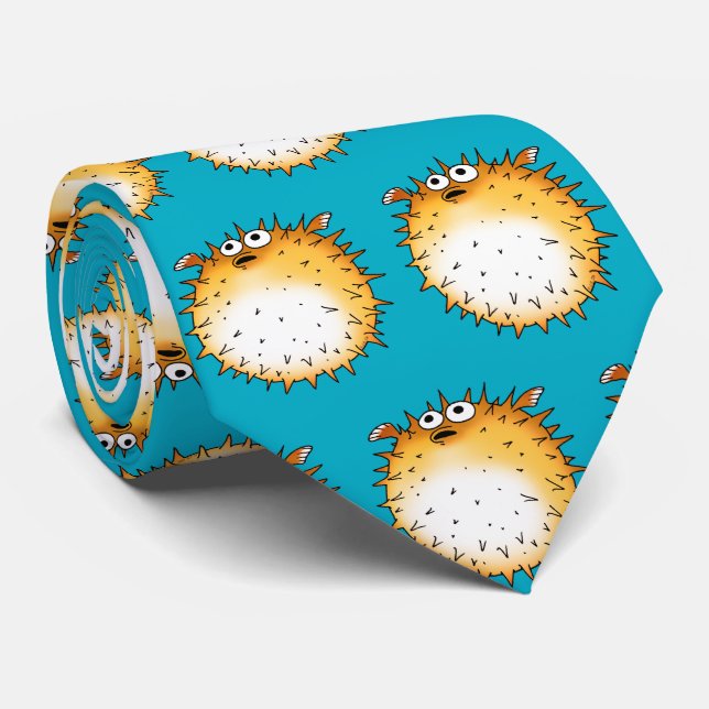 Funny Cartoon Puffer Fish Design Tie (Rolled)