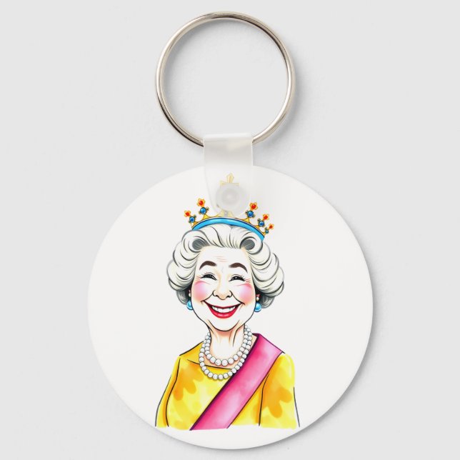 Funny Cartoon Queen Elizabeth II Royal Portrait Keychain (Front)