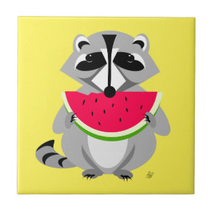 Funny Cartoon Raccoon Eating Watermelon Tile