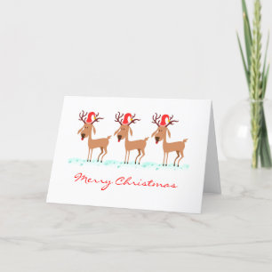 Funny Cartoon Reindeer Deer Christmas Santa Hat Card