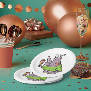 Funny Cartoon Rhino Eating Ice Cream Cute Animal Paper Plate