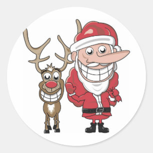 Funny Cartoon Santa and Rudolph Classic Round Sticker