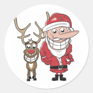 Funny Cartoon Santa and Rudolph Classic Round Sticker