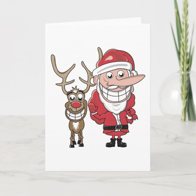 Funny Cartoon Santa and Rudolph Holiday Card (Front)
