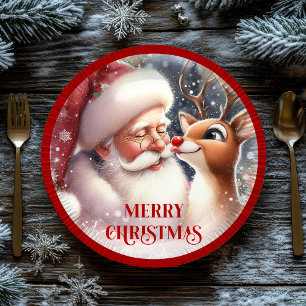 Funny Cartoon Santa Rudolph Kids Christmas Plates