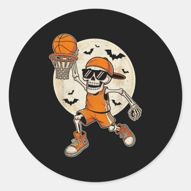 Funny Cartoon Skeleton Basketball Halloween Player Classic Round Sticker (Front)