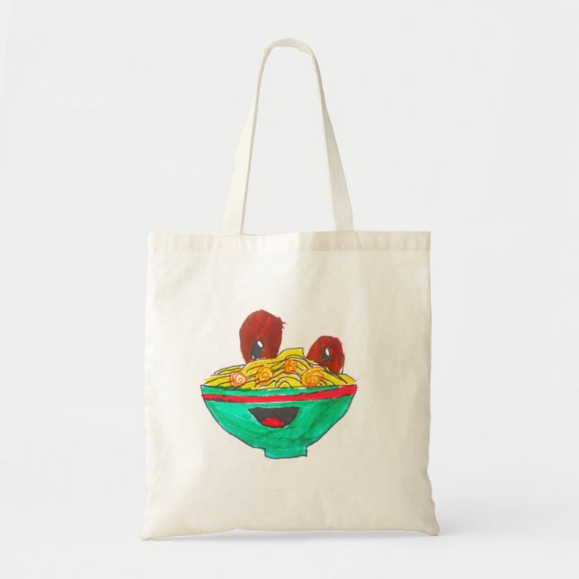 Funny cartoon spaghetti meatballs art tote bag (Front)