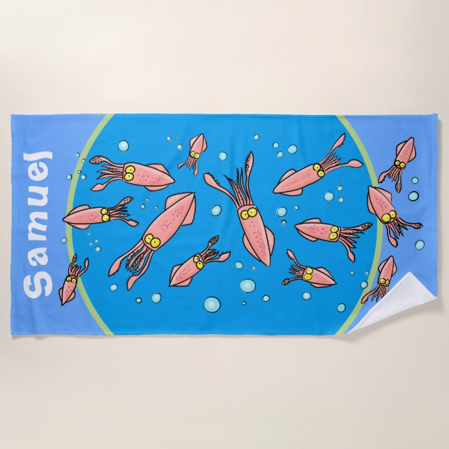 Funny cartoon squid school with blue bubbles beach towel (Front)