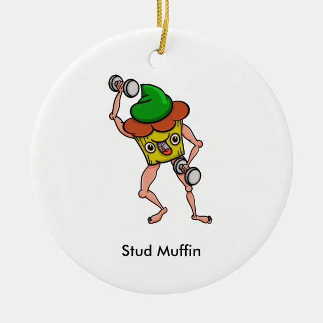 Funny Cartoon Stud Muffin Workout Ceramic Ornament (Front)