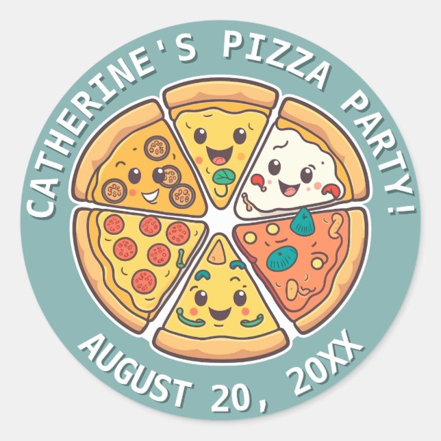 Funny cartoon style pizza party customizable classic round sticker (Front)