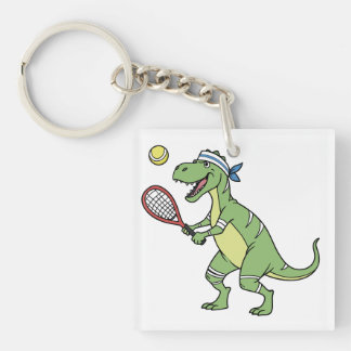Funny Cartoon T-Rex Playing Tennis Dinosaur Keychain