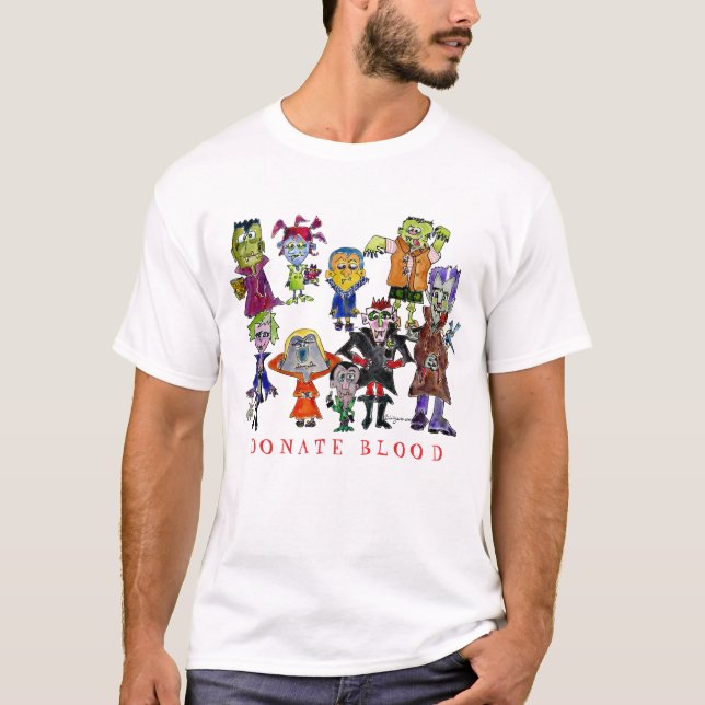 Funny Cartoon Vampires Donate Blood T-Shirt (Front)