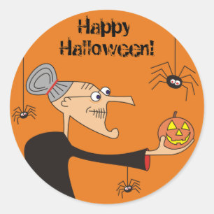 Funny Cartoon Witch Halloween Stickers,Orange Classic Round Sticker