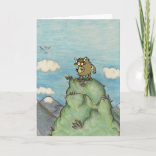 Funny cartoon yak on mountain top. card