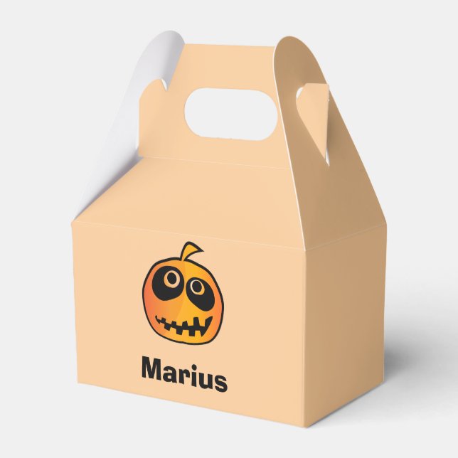 Funny Carved Orange Halloween Pumpkin Face Name Favor Box (Front Side)